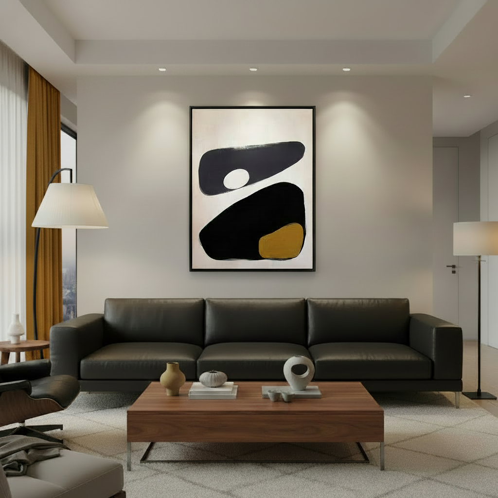 Stones abstract canvas print in black floater frame, displayed in a mid-century modern living room with black leather sofa, golden ochre curtains and ceramic accent
